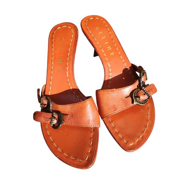 Celine Orange Kitten Heel Mules Buckle Detail Gold Stitching - Size 36.5 - Picture 7 of 9
